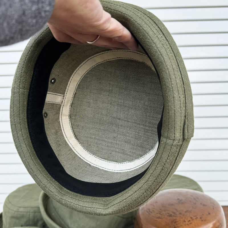 D AND H PORK PIE HAT 12oz Dull Olive Selvedge Raw Denim 6 Sizes