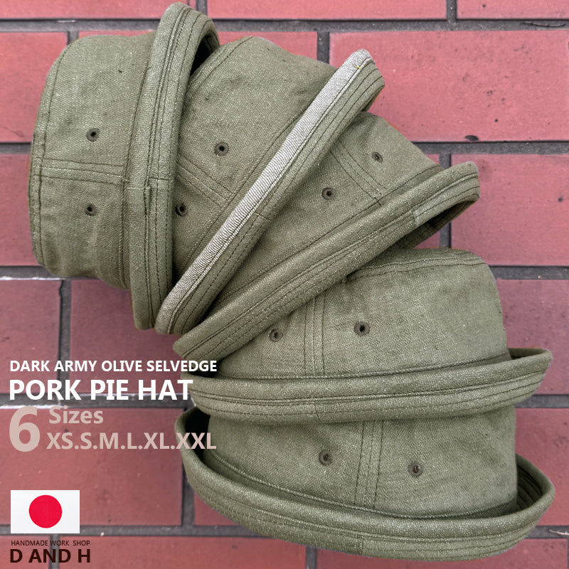 D AND H PORK PIE HAT 12oz Dull Olive Selvedge Raw Denim 6 Sizes