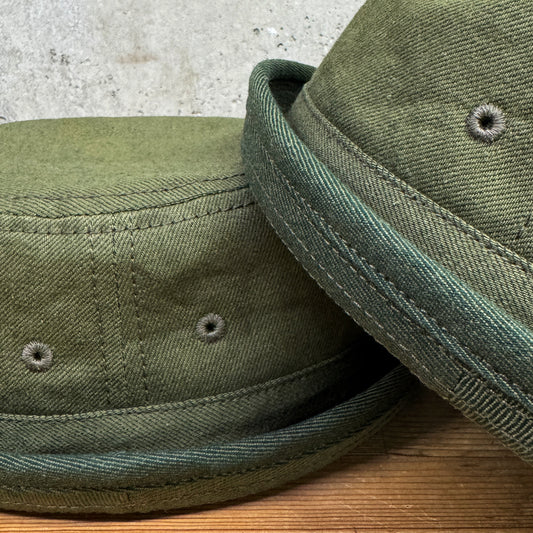 D AND H PORK PIE HAT 12oz mos green selvedge denim fabric 6 Sizes