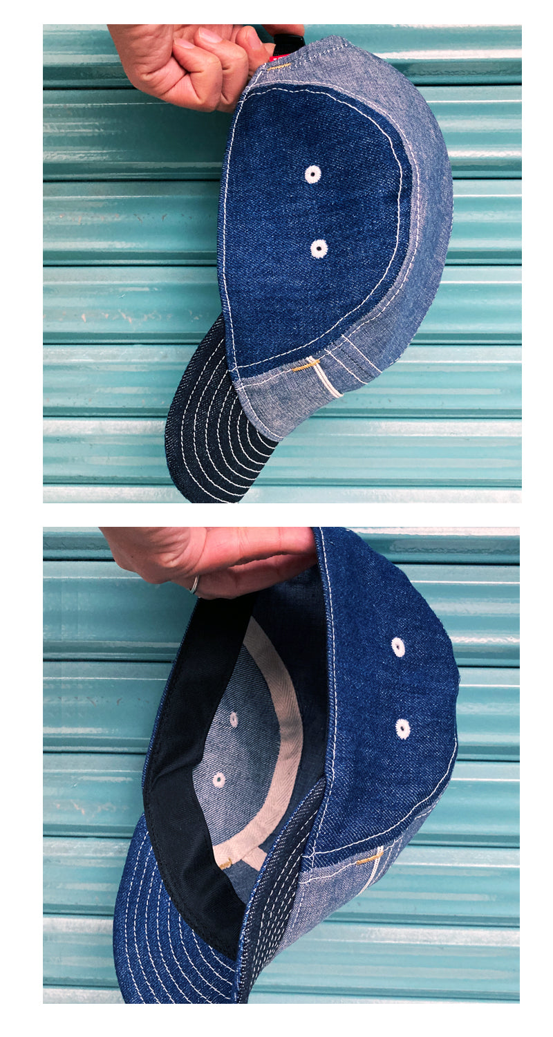 D AND H Heavy dungaree and washed blue denim combi short brim jet cap