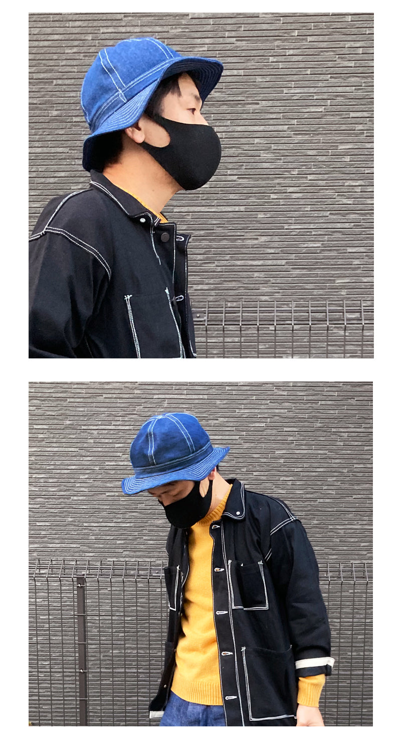 D AND H washed blue denim army hat fabric from kurashiki
