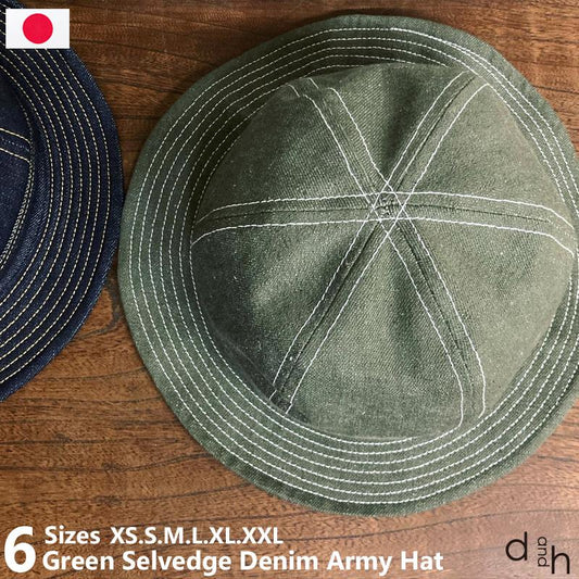 D AND H 12oz green selvedge denim army hat fabric from kurashiki