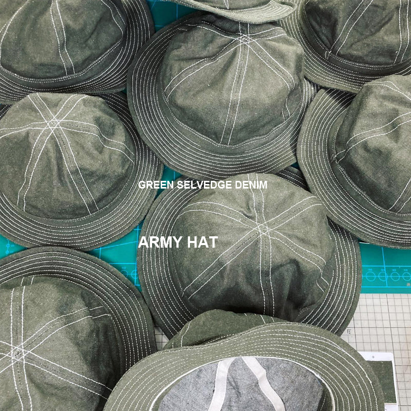 D AND H 12oz green selvedge denim army hat fabric from kurashiki