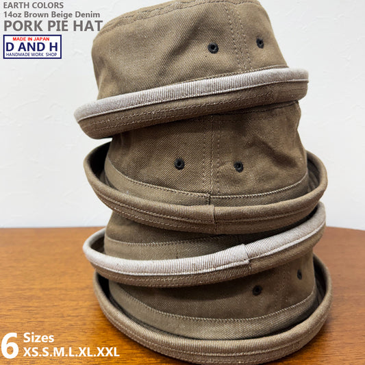 D AND H PORK PIE HAT 14oz brown-beige denim fabric 6 Sizes