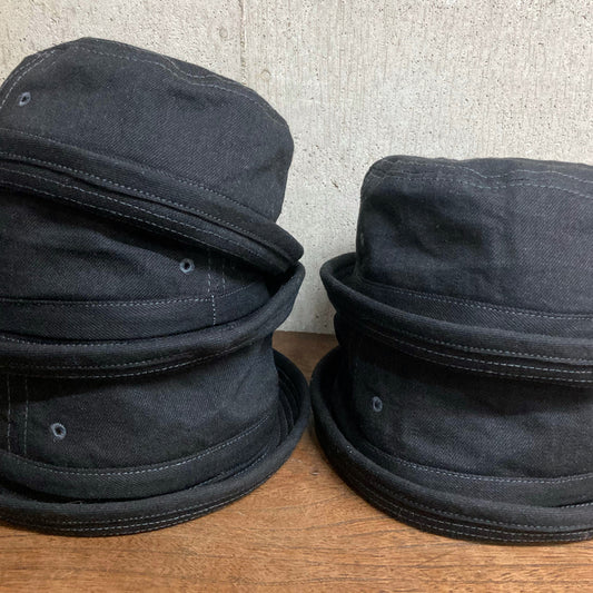 D AND H 12oz black denim pork pie hat fabric from kurashiki