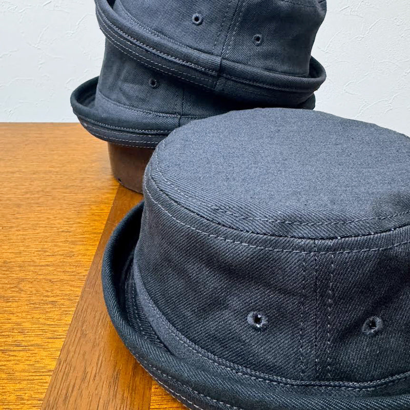 D AND H 13oz charcoal gray selvage denim pork pie hat fabric from okay