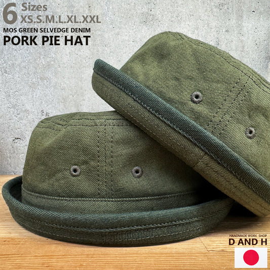 D AND H PORK PIE HAT 12oz mos green selvedge denim fabric 6 Sizes