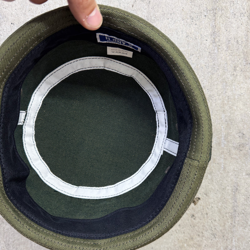 D AND H PORK PIE HAT 12oz mos green selvedge denim fabric 6 Sizes