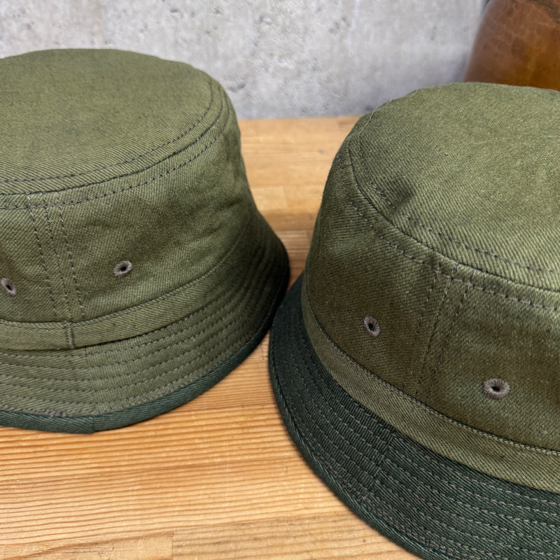 D AND H PORK PIE HAT 12oz mos green selvedge denim fabric 6 Sizes